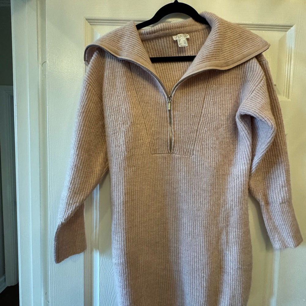 VENUS Ribbed Turtleneck Sweater dress in blush pink